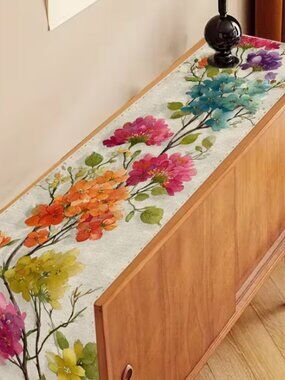 Last One! NEW Watercolor Floral Garden Table Runner 13 x 36